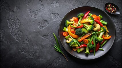 Hot stir-fried vegetables on black plate, healthy Asian food concept with copy space, stir fried, veggies