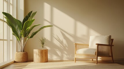 Sunlit Minimalist Interior with Wooden Armchair, Potted Plants, and Natural Decor