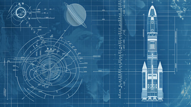 Blueprint of a rocket with technical schematics and planetary design