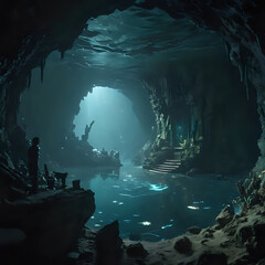 a man standing in a cave looking out at the water