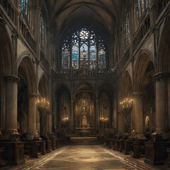 Fototapeta premium a view of a church with a large stained glass window