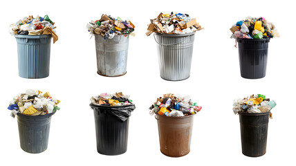 trash can full of trash isolated on a transparent PNG background, white background , cut out, clipping path, Generative Ai