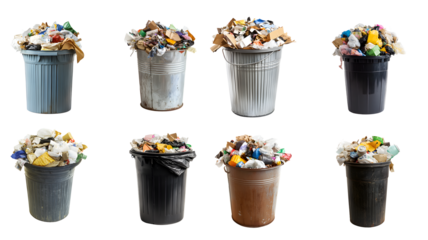 trash can full of trash isolated on a transparent PNG background, white background , cut out, clipping path, Generative Ai