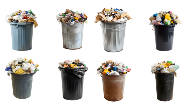 trash can full of trash isolated on a transparent PNG background, white background , cut out, clipping path, Generative Ai