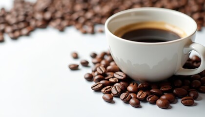 Obraz premium A steaming cup of black coffee surrounded by scattered coffee beans on a white background.