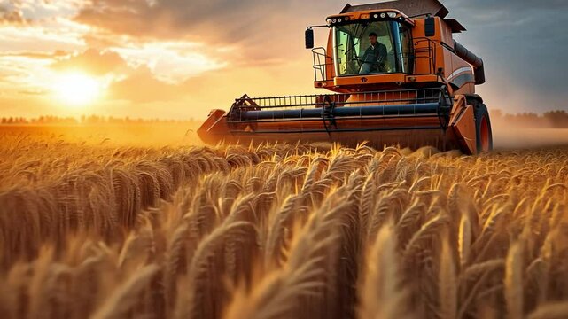 In a field, a combine harvester gathers rice.