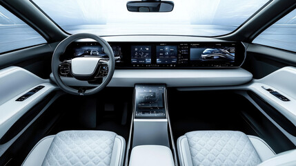 Futuristic Electric Car Interior with Advanced Touchscreen Dashboard and Modern Design