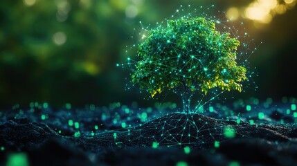 Futuristic Tree with Digital Network Connections in a Lush Environment