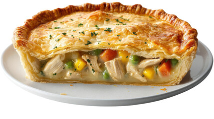 Delicious chicken pot pie filled with tender chicken, mixed vegetables, and a flaky golden crust, perfect for comfort food lovers. isolated on transparent background PNG