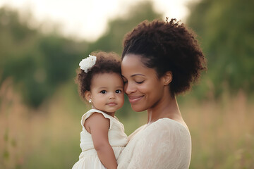 Mother lovingly holds her baby daughter close, both sharing a tender moment.