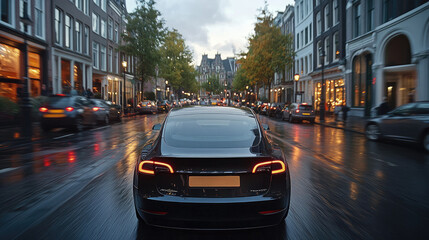 Fototapeta premium Sleek Electric Car Driving Through Rainy City Street During Evening