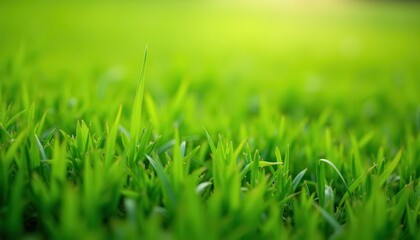 Fototapeta premium Close-up of vibrant green grass blades with a soft, blurry background.