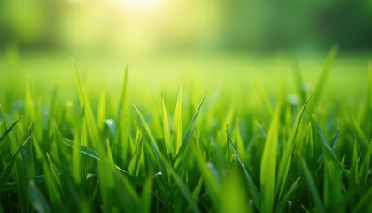 Fototapeta premium Close-up of vibrant green grass illuminated by soft sunlight, creating a serene and fresh outdoor scene.