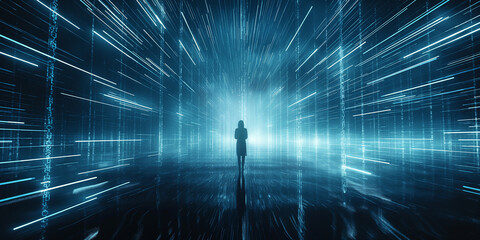 Silhouette of people walking through a digital tunnel with bright light at the end.
