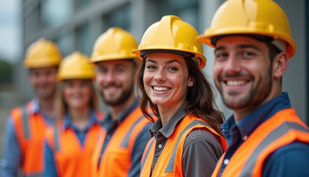 A team of diverse construction workers smiling while wearing safety gear and helmets.
