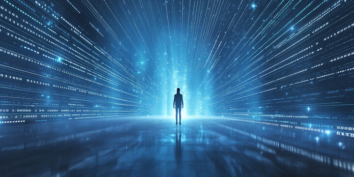 Silhouette of people walking through a digital tunnel with bright light at the end.
