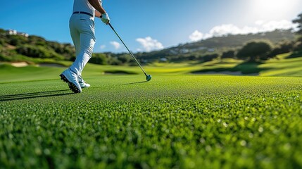 Golfer walking on green grass taking shot on sunny golf course