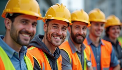 Group of male construction workers in safety gear smiling at the camera.