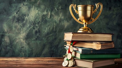 Stack of books with a golden cup trophy and medals, symbolizing educational success.