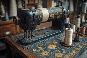 Fototapeta premium Antique sewing machine standing on wooden desk in workshop