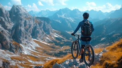 Fototapeta premium Cyclist admiring mountain view after reaching summit with bike
