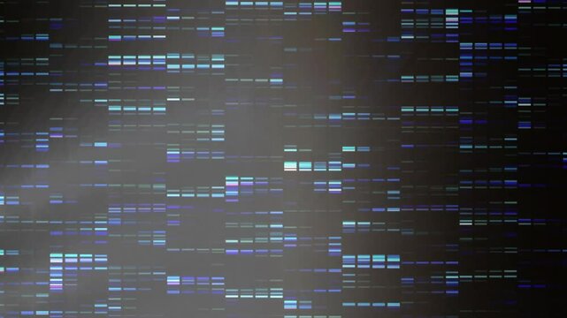 DNA sequencing data animation with blue and purple bands on dark background