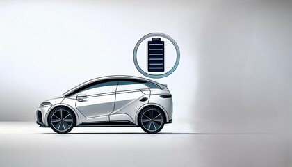 A sleek electric car showcases modern design with a battery icon indicating charging status in a minimalist setting.