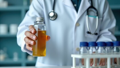 A medical professional holding a bottle filled with yellow liquid in a laboratory setting.