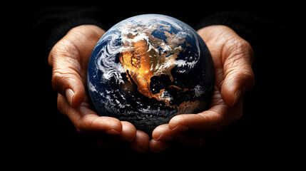 human hands gently cradling a miniature Earth, symbolizing care, responsibility, and unity for our planet. Represents themes of Earth Day, ecology, and global stewardship