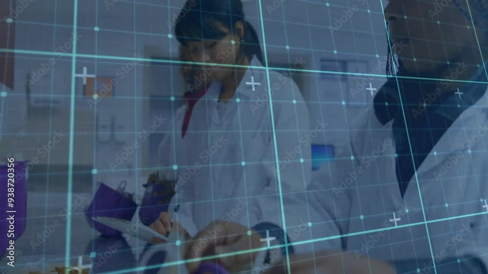 Poster grid and data points animation over scientists working in laboratory