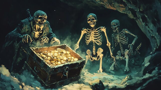 Dark cave scene with skeletons and man finding a treasure chest full of gold coins.