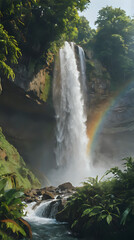 Obraz premium a rainbow in the sky above a waterfall