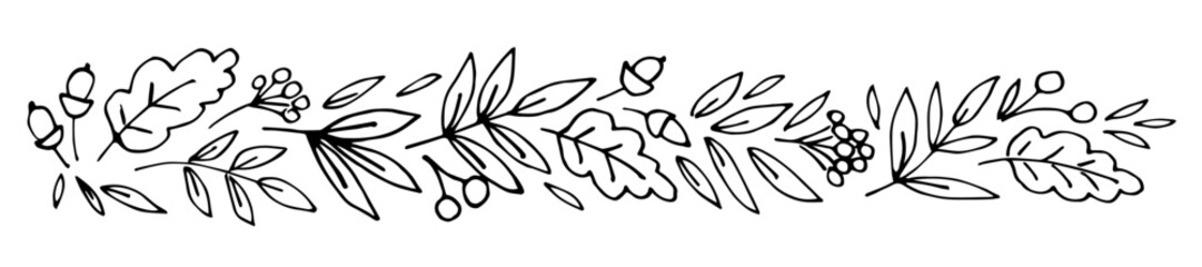Autumn banner, border of oak leaves, acorns, rowan berries. Nature and vegetation. Simple hand drawn vector illustration with black outline. Sketch in ink.