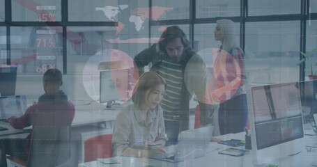 Business data analytics animation over diverse team working in modern office - Powered by Adobe