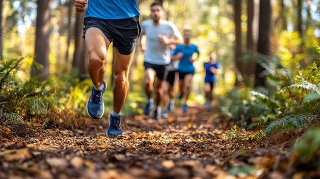 Group of people running together in sunlight, focusing on their legs, symbolizing unity, energy, and forward movement