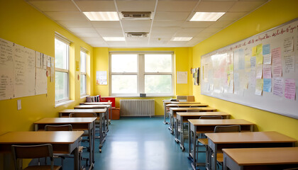 An Empty School Hallway Lined with Student Lockers, Quiet and Serene, Awaiting the Return of Students in a Brightly Lit School Building