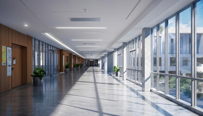 Obraz premium An Empty School Hallway Lined with Student Lockers, Quiet and Serene, Awaiting the Return of Students in a Brightly Lit School Building