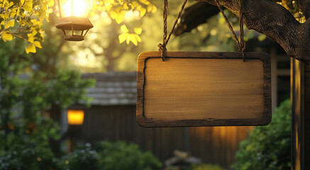 Blank Wooden Sign Hanging on Tree in Sunny Garden