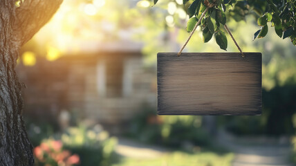 Blank Wooden Sign Hanging on Tree in Sunny Garden