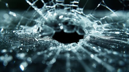 Close-up of broken glass with a central hole, showcasing intricate cracks and splintered patterns against a dark background.