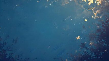 Fototapeta premium Blue Background with Golden Butterflies and Silhouettes of Leaves