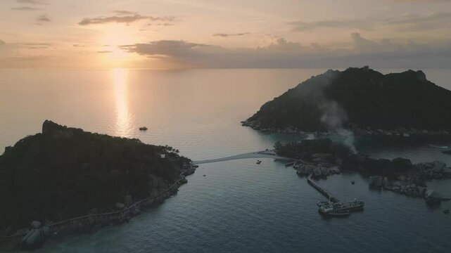 Aerial sunset of Nang Yuan Island, Koh Tao island in gulf of Thailand