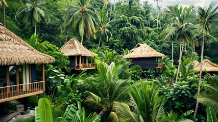 Thatched-roof huts nestled in a lush tropical jungle, surrounded by dense greenery and tall palm trees, offering a serene retreat.
