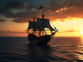 Obraz premium Pirate ship sailing on the open sea