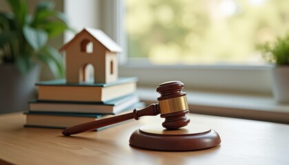Close-up of a wooden gavel on a table with a small house model and stacked books, suggesting legal matters related to real estate.