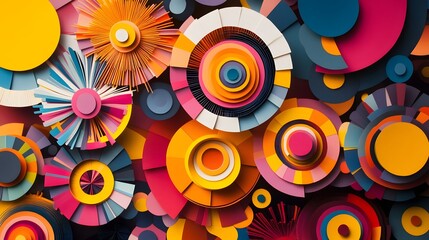 59. "A high-contrast paper cut arrangement of overlapping geometric forms and concentric circles in bold, vibrant colors