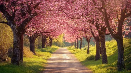 Fototapeta premium Pink cherry blossom trees lining a serene path, peaceful spring walk and vibrant nature scene, tranquil outdoor retreat