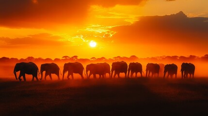 Fototapeta premium A herd of elephants silhouetted against a vibrant orange sunset walking through a dusty landscape perfect for travel, wildlife