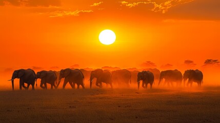 Obraz premium A majestic herd of elephants walks through a savanna under a vibrant orange sunset, ideal for themes of wildlife, nature, conservation, and travel,