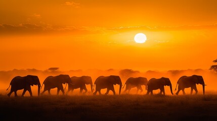A herd of elephants walks across a grassland at sunset, creating a dramatic silhouette against the vivid orange sky, Ideal for nature, wildlife, and travel themes,